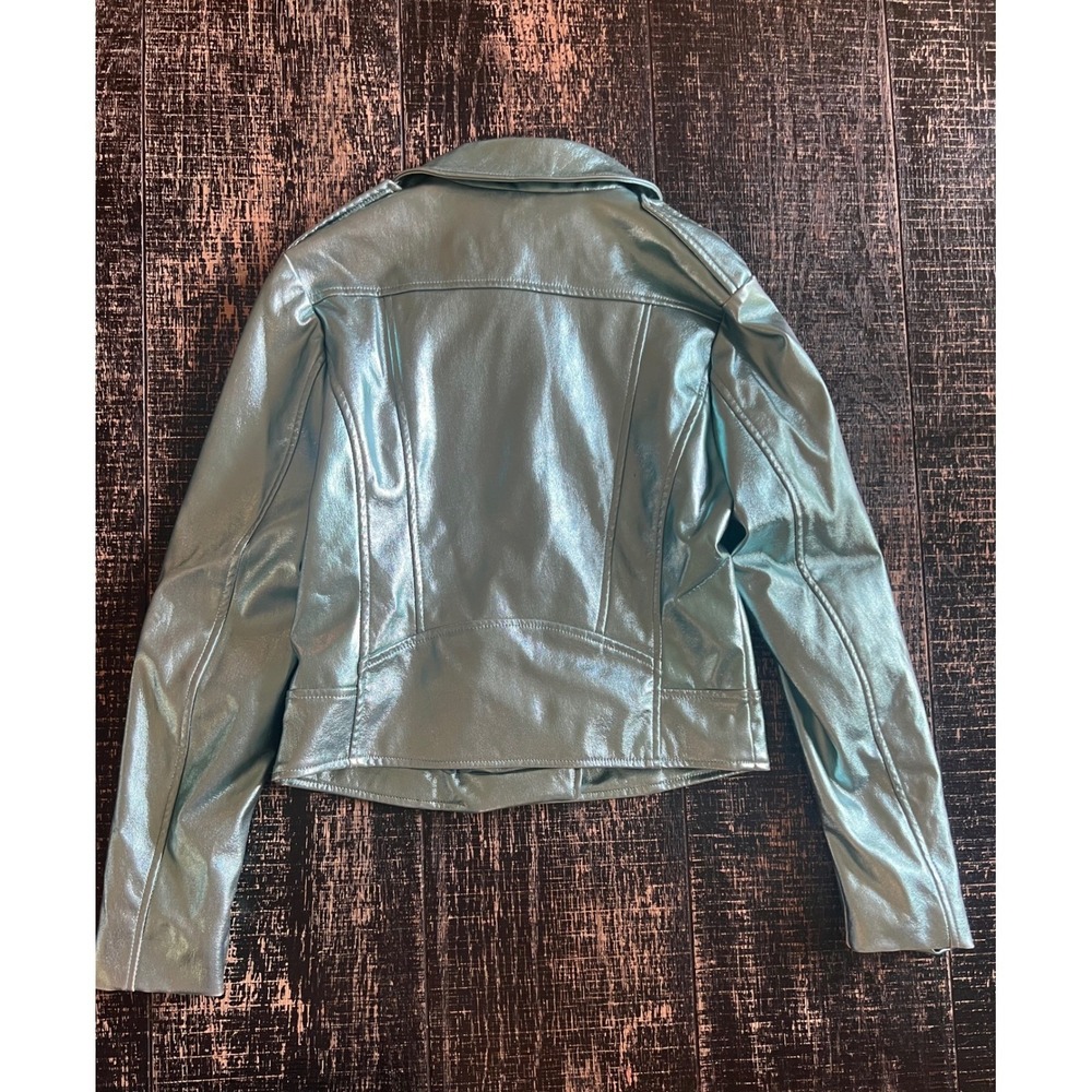 Steve Madden Metallic Faux Leather Moto Jacket Ice Blue Mint XS Cropped Biker - Picture 4 of 5